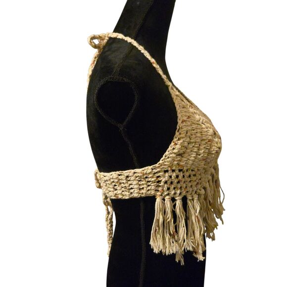 VTG Halter Top Handmaide Beige Festival Crochet Tank Hippie Fringe 70's - Picture 3 of 4